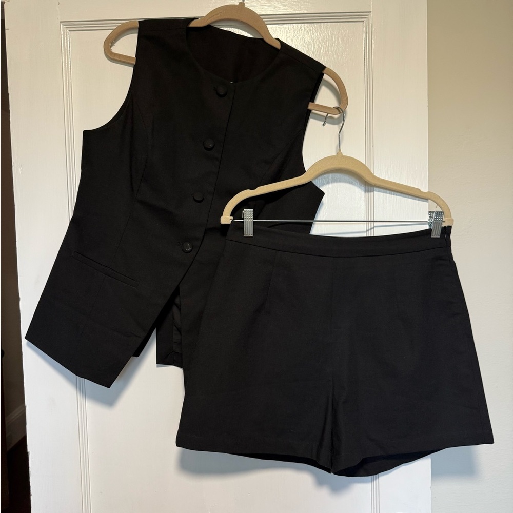 Commense Black Buttoned Vest and Shorts Ensemble